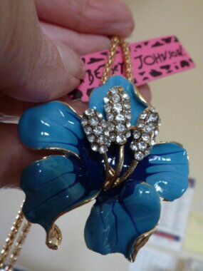Betsey Johnson Blue Enamel Flower Pendant Necklace with Crystal Accents
